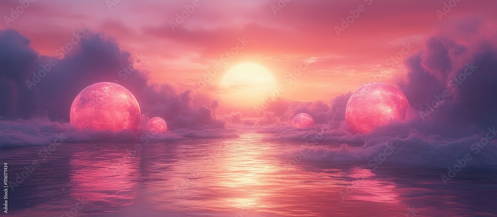 Poster serene sunset over a tranquil lake with glowing spheres and colorful clouds reflecting on water surf