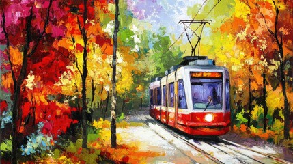 Obraz premium Tram Journey Through Vibrant Autumn Colors in a Park Setting
