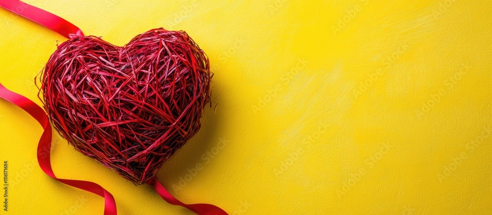 Poster straw heart with ribbon on a vibrant yellow background ideal for romantic or festive themes and crea