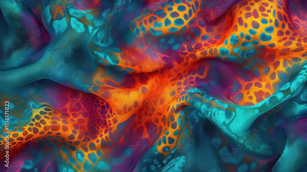 Poster vibrantly colored silk fabric displaying intricate textures and patterns in shades of blue, orange, 