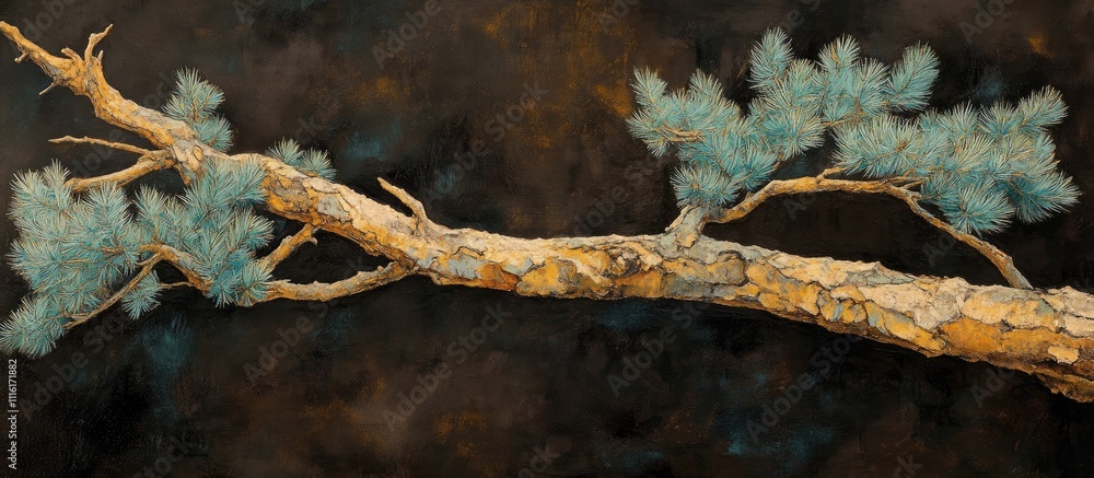Poster blue spruce branches highlighted against a dark backdrop showcasing intricate textures and vivid col