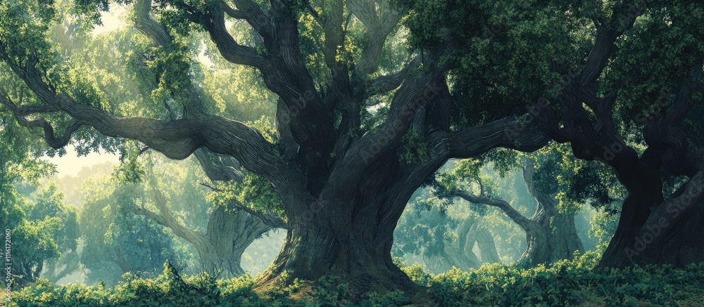 Poster Majestic ancient trees in a lush forest with dappled sunlight creating an enchanting and serene natural landscape scene.
