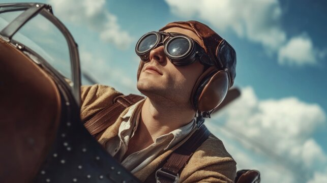 Pilot in vintage plane cockpit looking up at sky.