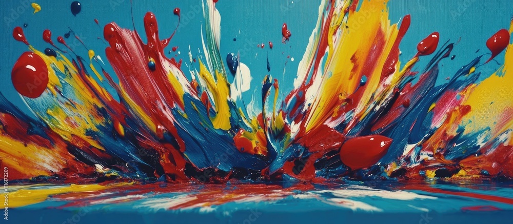Poster colorful abstract explosion of paint against a blue backdrop creating an artistic and dynamic visual