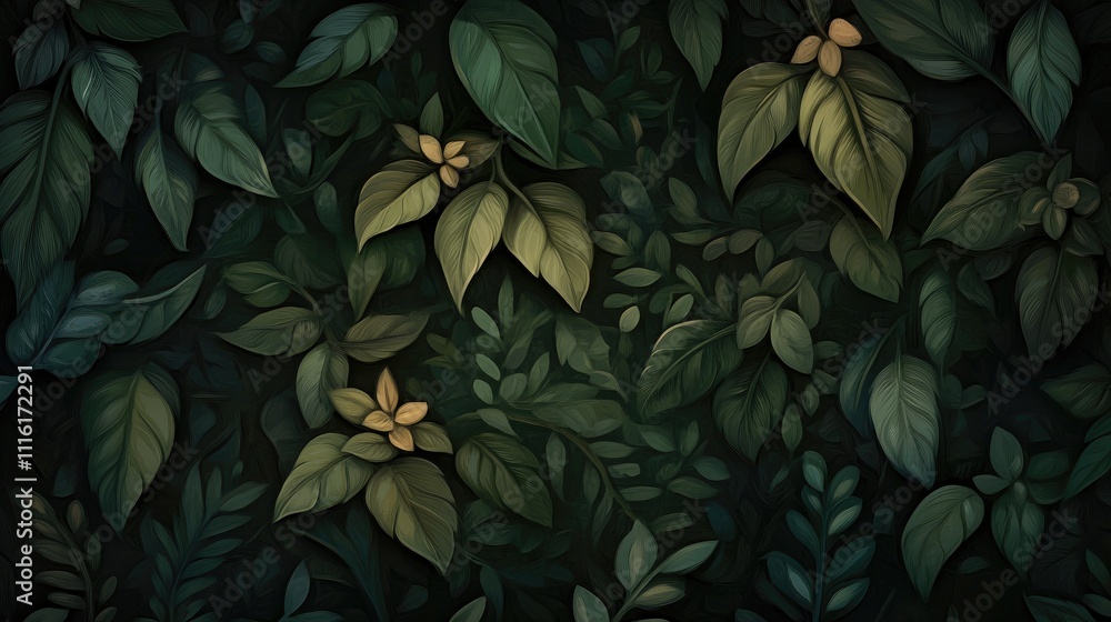 Poster dark green foliage with intricate leaf patterns creating a mysterious summer botanical background wa