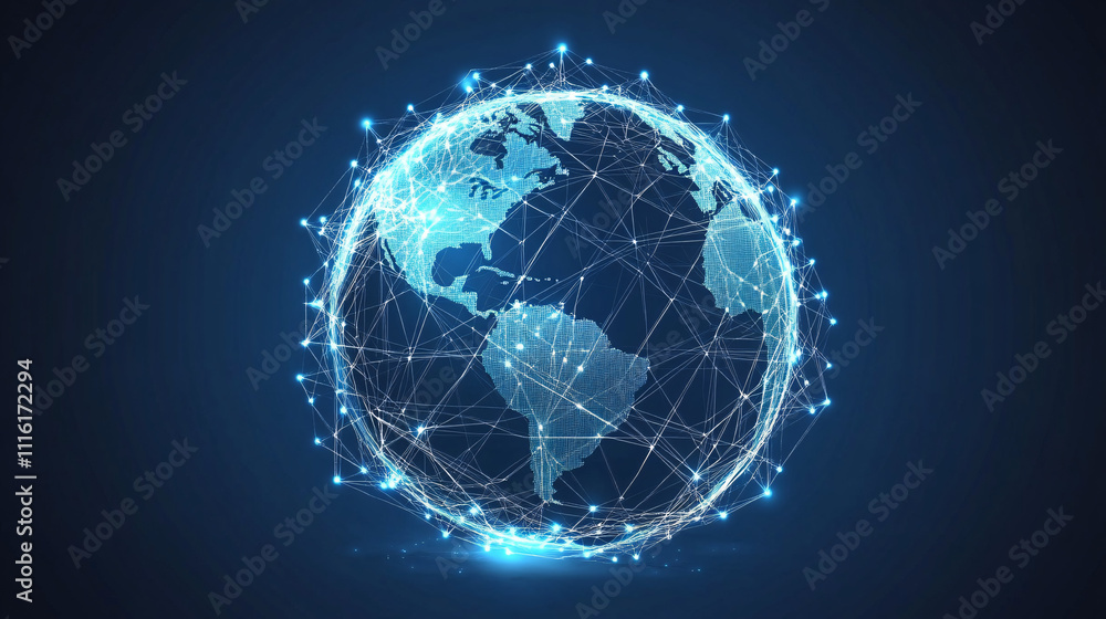 Poster a futuristic globe icon with interconnected tech nodes, representing global digital infrastructure a