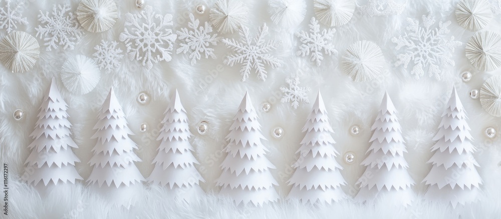 Poster christmas craft backdrop with handmade paper trees and snowflakes pearls on white fur creating a sus