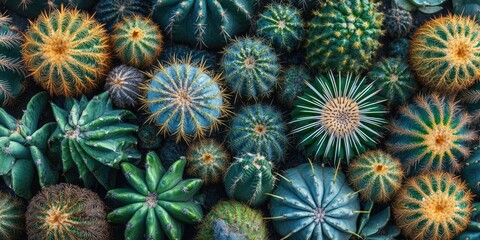 Obraz premium A broad view showcasing a multitude of cacti, each adorned with sharp spikes. This extensive shot highlights the many cacti featuring their distinctive spines.