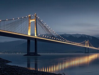 Obraz premium Modern cablestayed bridge with illuminated towers, crossing a river at night, creating a glowing architectural landmark