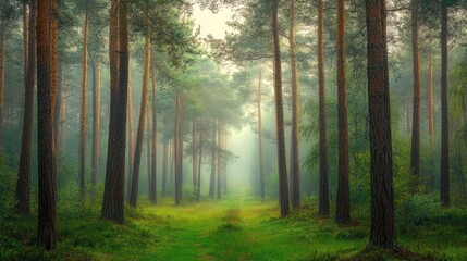 Misty dusk envelops a pine forest, creating a fantasy atmosphere amidst towering trees. This close-up captures the enchanting essence of pine forest scenery, with ample space for text.