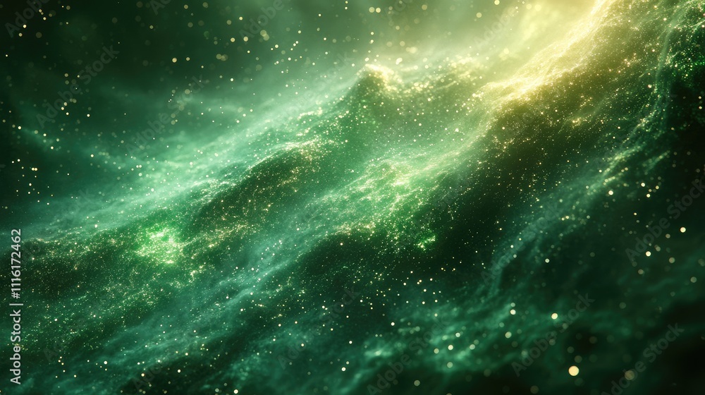 Poster mysterious green cosmic landscape with shimmering sparks and ethereal textures creating a sense of d