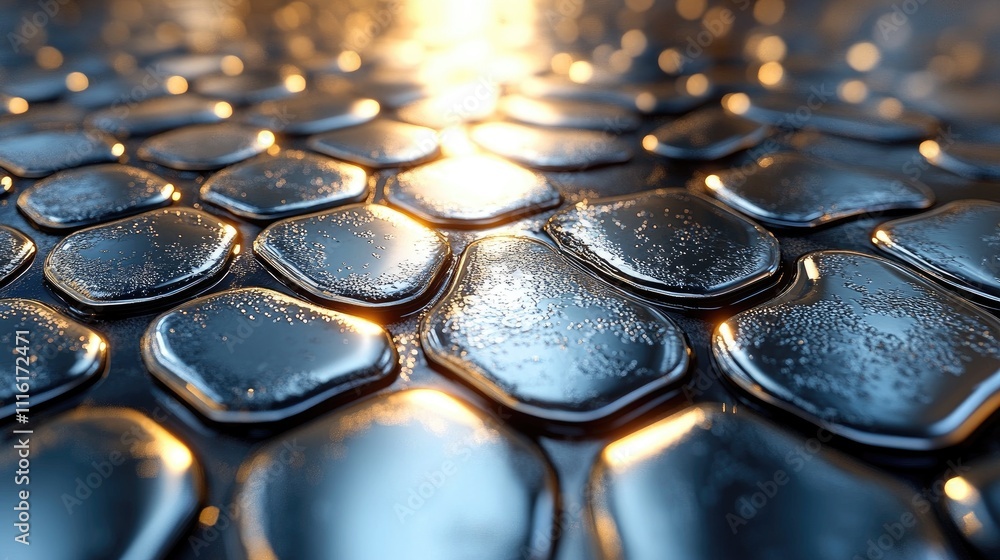 Poster textured metallic surface with reflective hexagonal patterns and droplets, capturing a shimmering an