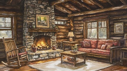 Watercolor cozy cabin interior with a stone fireplace and wooden furniture.