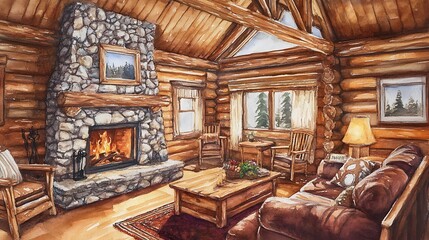 Watercolor cozy cabin interior with a stone fireplace and wooden furniture.