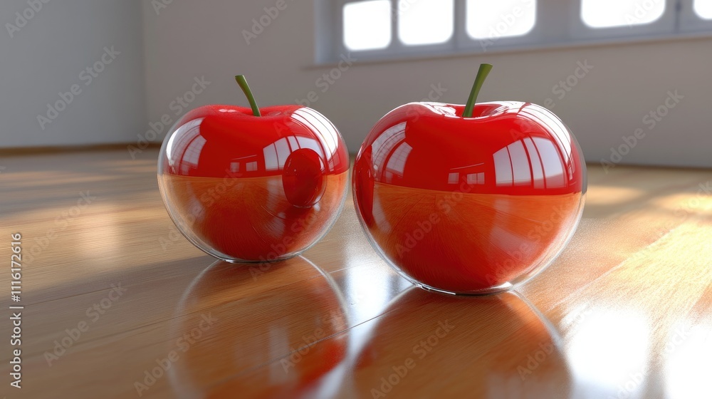 Poster realistic glossy red apples with shiny surfaces placed on a wooden floor, featuring reflections and 