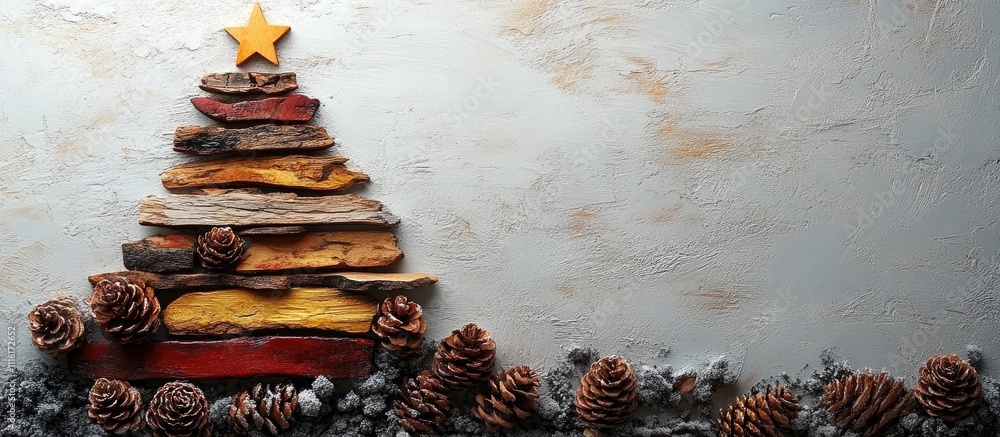 Poster handcrafted wooden christmas tree with pinecones set against a textured white background for a rusti