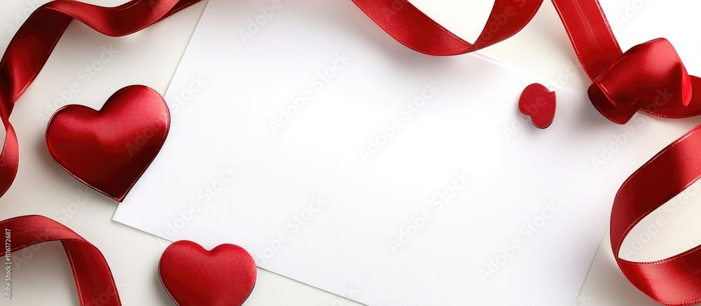 Aufkleber romantic love letter setting with red hearts and ribbon on a desk featuring a blank white paper for 