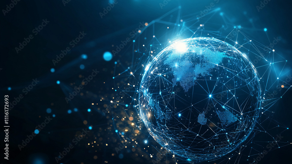 Poster a futuristic globe icon with interconnected tech nodes, representing global digital infrastructure a