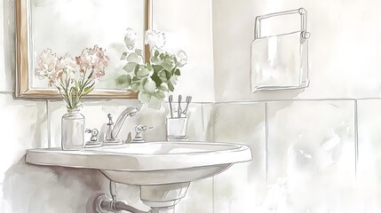 Watercolor illustration of bathroom interior with sink