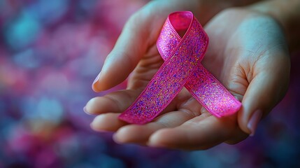 Close-up photo realistic image of a woman’s hand holding a pink ribbon against a blurred background, emphasizing breast cancer awareness 