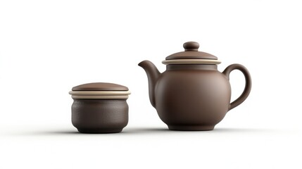 Traditional clay teapot and jar for tea ceremony on a white background showcasing craftsmanship and cultural heritage in beverage preparation.
