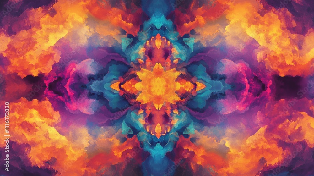 Poster vibrant abstract symmetry with colorful swirls and clouds in a polar coordinate layout creating a st
