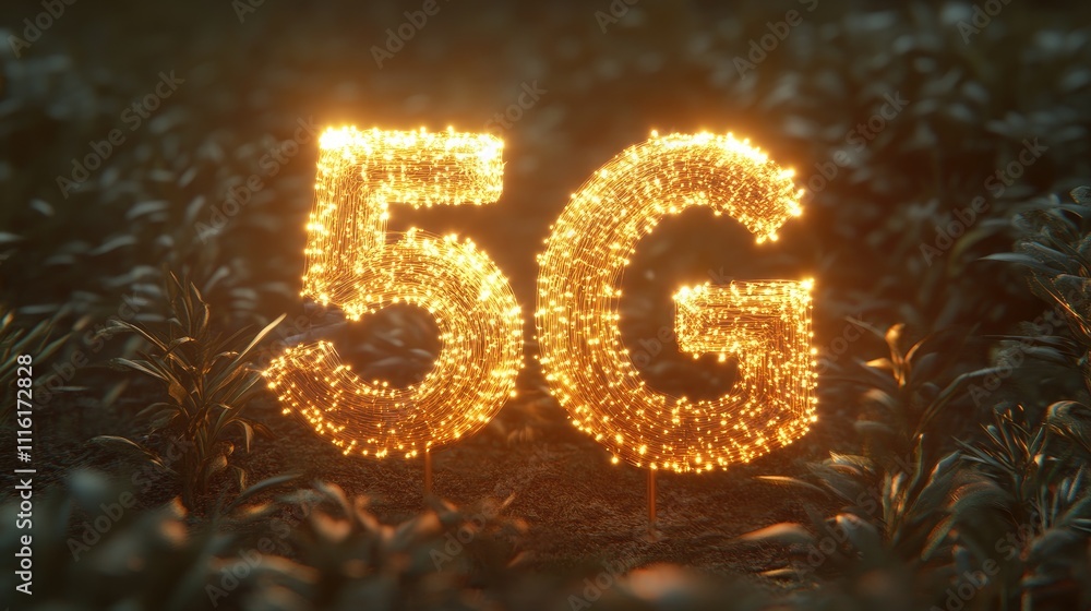 Poster 5g connectivity symbolized by illuminated numbers in a vibrant landscape showcasing the future of hi