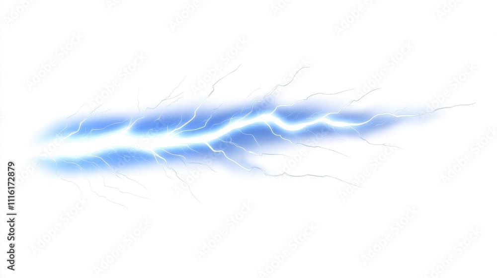 Poster Blue lightning bolt isolated on white background with blurred effects creating a dynamic and abstract visual representation of electricity.