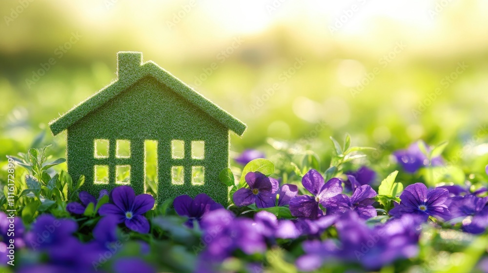 Aufkleber green house model surrounded by violet flowers natural background with soft focus and copy space for