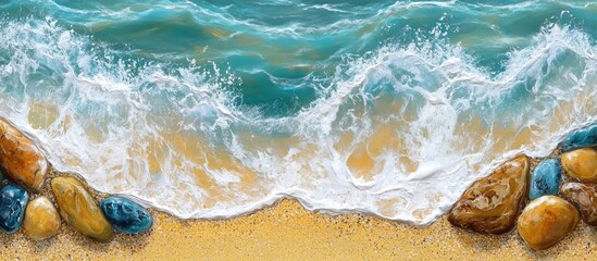 Fototapeta premium Tranquil coastal scene with gentle waves lapping against golden sands and vibrant stones creating a serene beach atmosphere.