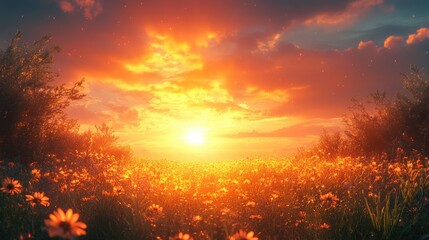 Fototapeta premium sunset over corn field with blooming flowers in agricultural garden vibrant colors and warm light creating tranquil natural landscape