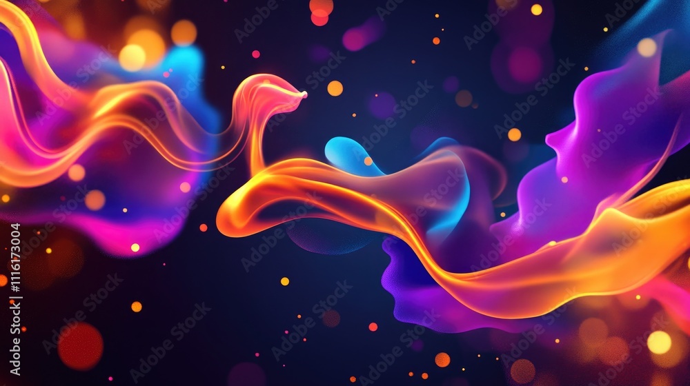Poster Vibrant abstract smoke waves in rich colors with glowing bokeh elements on a dark background creating a dynamic artistic design