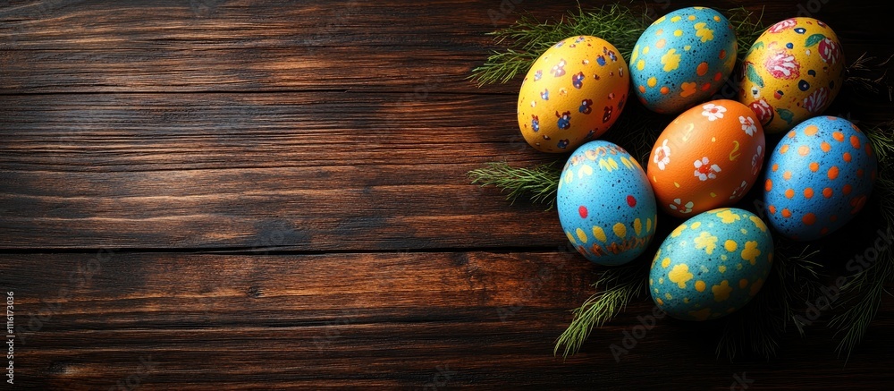 Poster colorful easter eggs displayed on a rustic wooden background surrounded by greenery for a festive sp