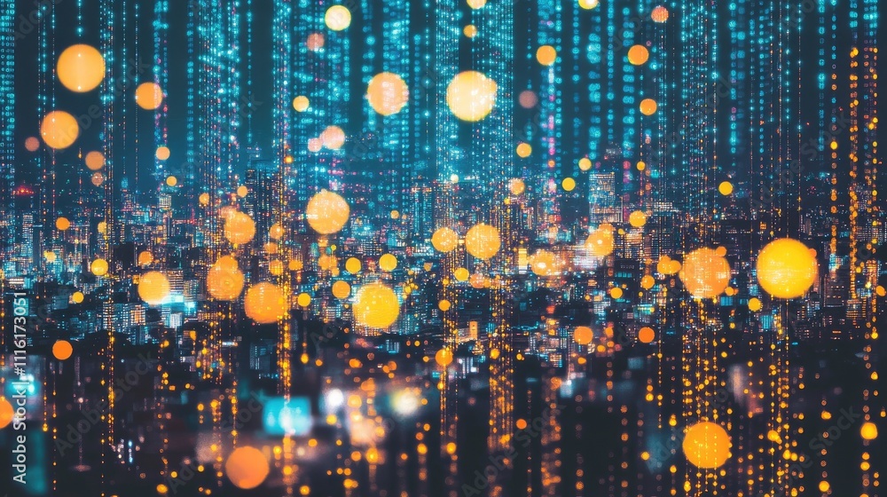 Aufkleber digital data visualization with cityscape backdrop showcasing global connections and advanced comput