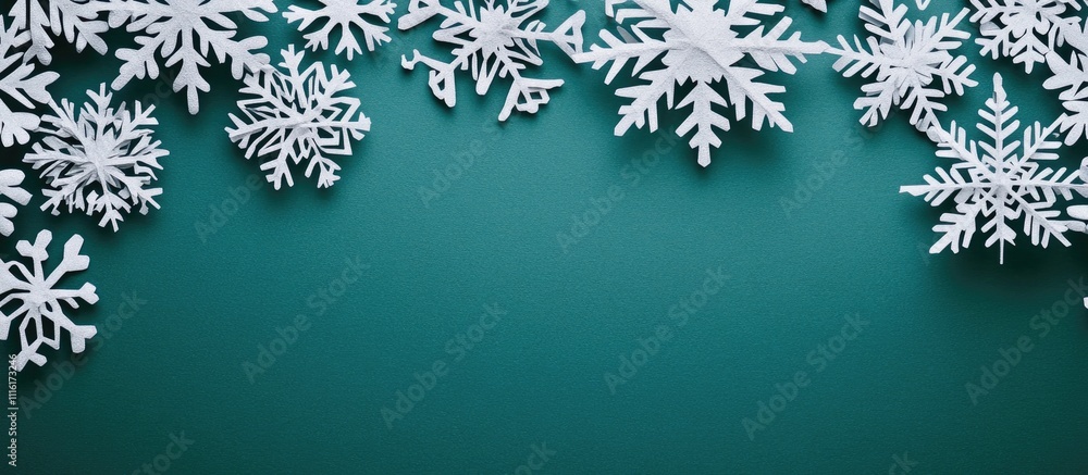 Poster elegant white paper snowflakes arranged against a textured green backdrop creating a festive winter 