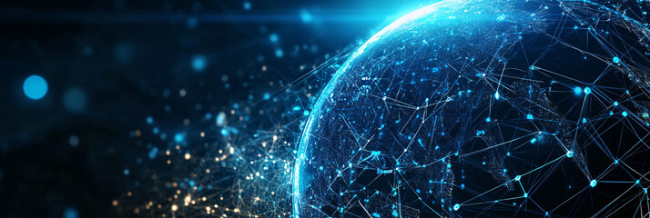 Obraz premium A futuristic globe icon with interconnected tech nodes, representing global digital infrastructure and online communication. 