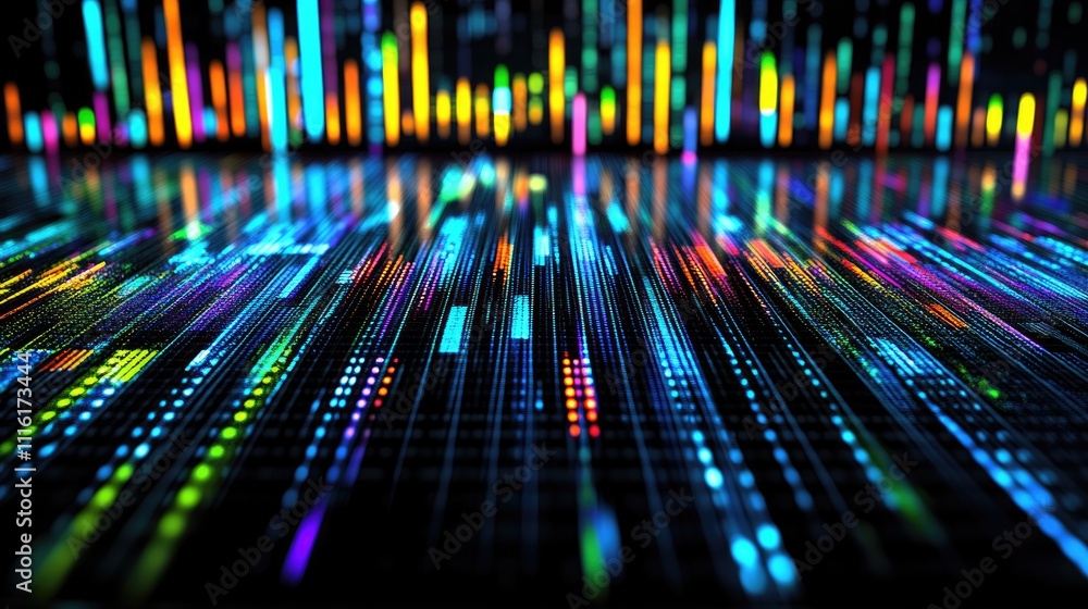 Poster colorful data visualization abstract with bars and dots representing sales statistics and consumer p