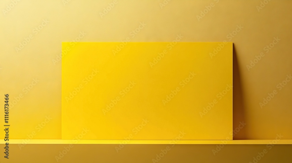 Poster bright yellow sheet of paper positioned on a subtle yellow shelf against a matching white background