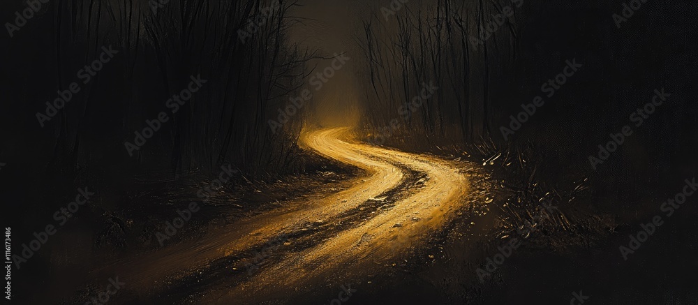 Poster mysterious winding path through dark forest illuminated by soft light at dusk conveying a sense of a