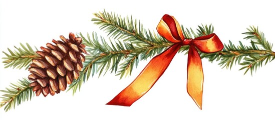Naklejka premium Evergreen fir twig with pine cone and vibrant ribbon decoration ideal for winter holiday themes and seasonal designs