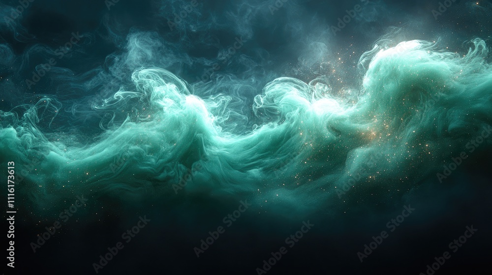 Poster Ethereal green smoke waves swirling in a dark backdrop creating a captivating abstract artistic composition for creative projects