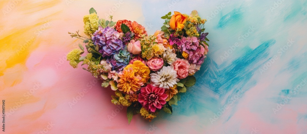 Aufkleber heart shaped floral arrangement set against a vibrant and colorful background creating a cheerful an