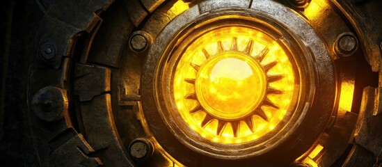 Fototapeta premium Steam engine wheel illuminated by yellow light showcasing intricate mechanical details and vintage design elements
