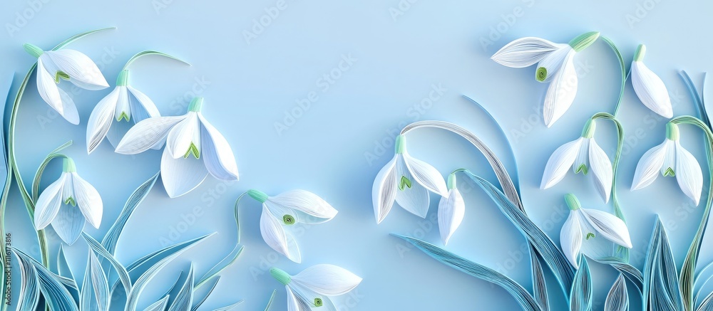 Aufkleber Quilled snowdrops festive backdrop with space for a congratulatory message in soft blue tones and intricate floral details