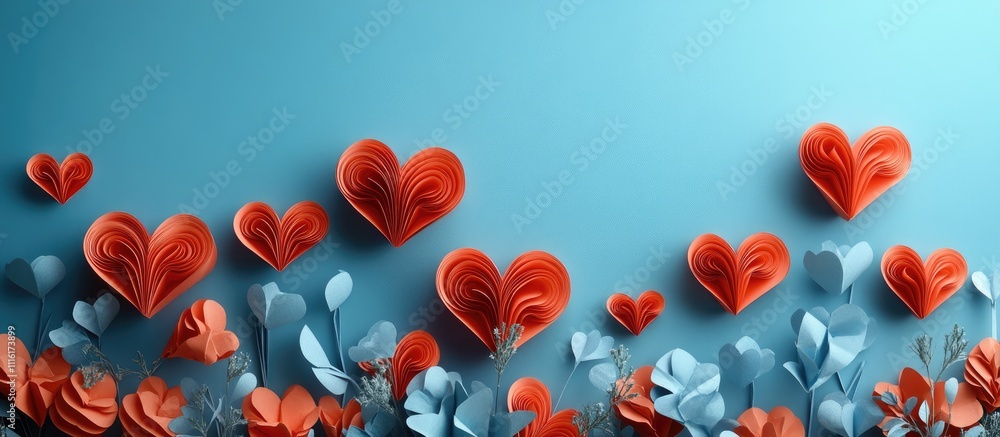 Poster flat lay romantic composition of red paper hearts and green foliage on a calming blue backdrop creat