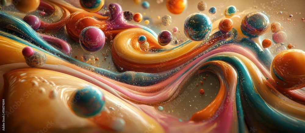 Poster Vibrant abstract design with colorful swirls and glossy orbs creating a visually stunning texture on a smooth background