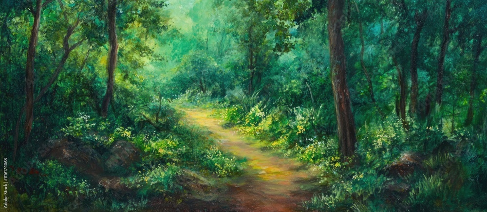 Poster serene forest trail surrounded by lush greenery and sunlight filtering through trees inviting nature