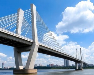 Fototapeta premium Cablestayed bridge with a twisted tower design, crossing a major river mouth with pedestrian walkways and observation platforms