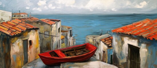Fototapeta premium Scenic coastal landscape with red boat and rooftops overlooking the serene sea under a cloudy sky