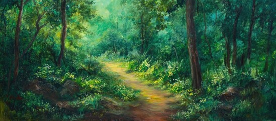 Obraz premium Serene forest trail surrounded by lush greenery and sunlight filtering through trees inviting nature exploration and tranquility.